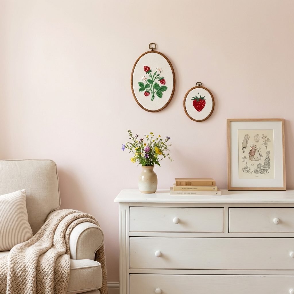 Strawberry Embroidery Hoop Wall Art Set | Cottagecore Strawberry Decor | Handcrafted Embroidered Strawberry Plant | Nursery Wall Decor