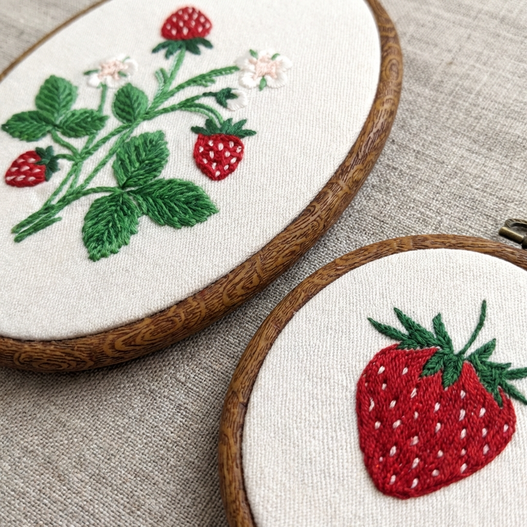 Strawberry Embroidery Hoop Wall Art Set | Cottagecore Strawberry Decor | Handcrafted Embroidered Strawberry Plant | Nursery Wall Decor