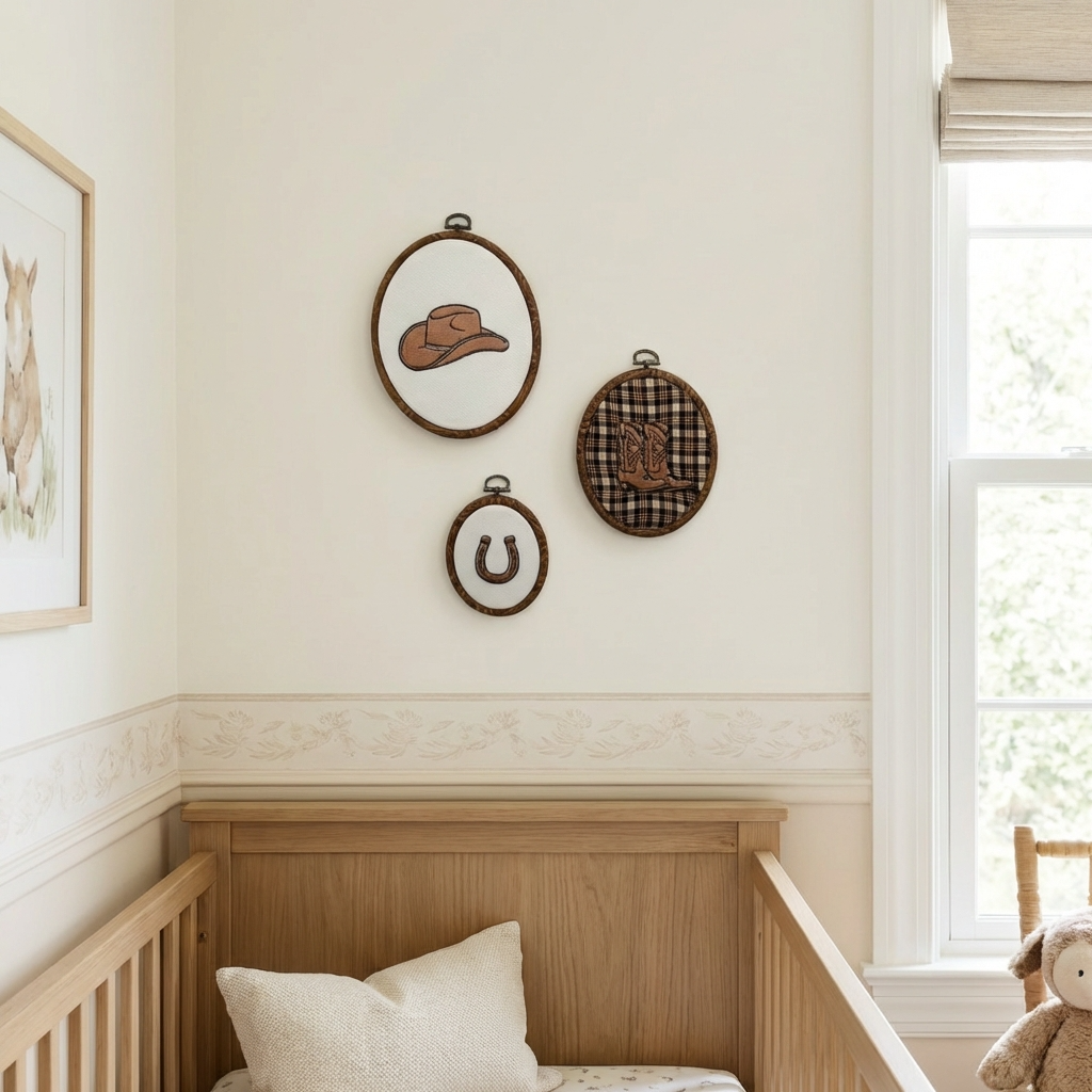Western Nursery Wall Decor- 3 Piece Set – Embroidered Cowboy Hat, Boots & Horseshoe Hoop Art for Baby & Kids Bedroom
