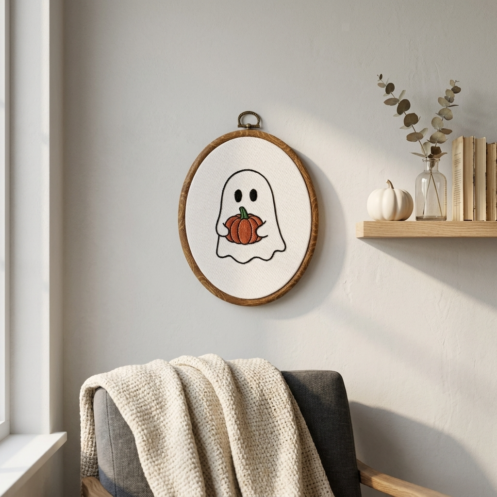 Ghost Holding Pumpkin Embroidery Hoop | Halloween Wall Decor