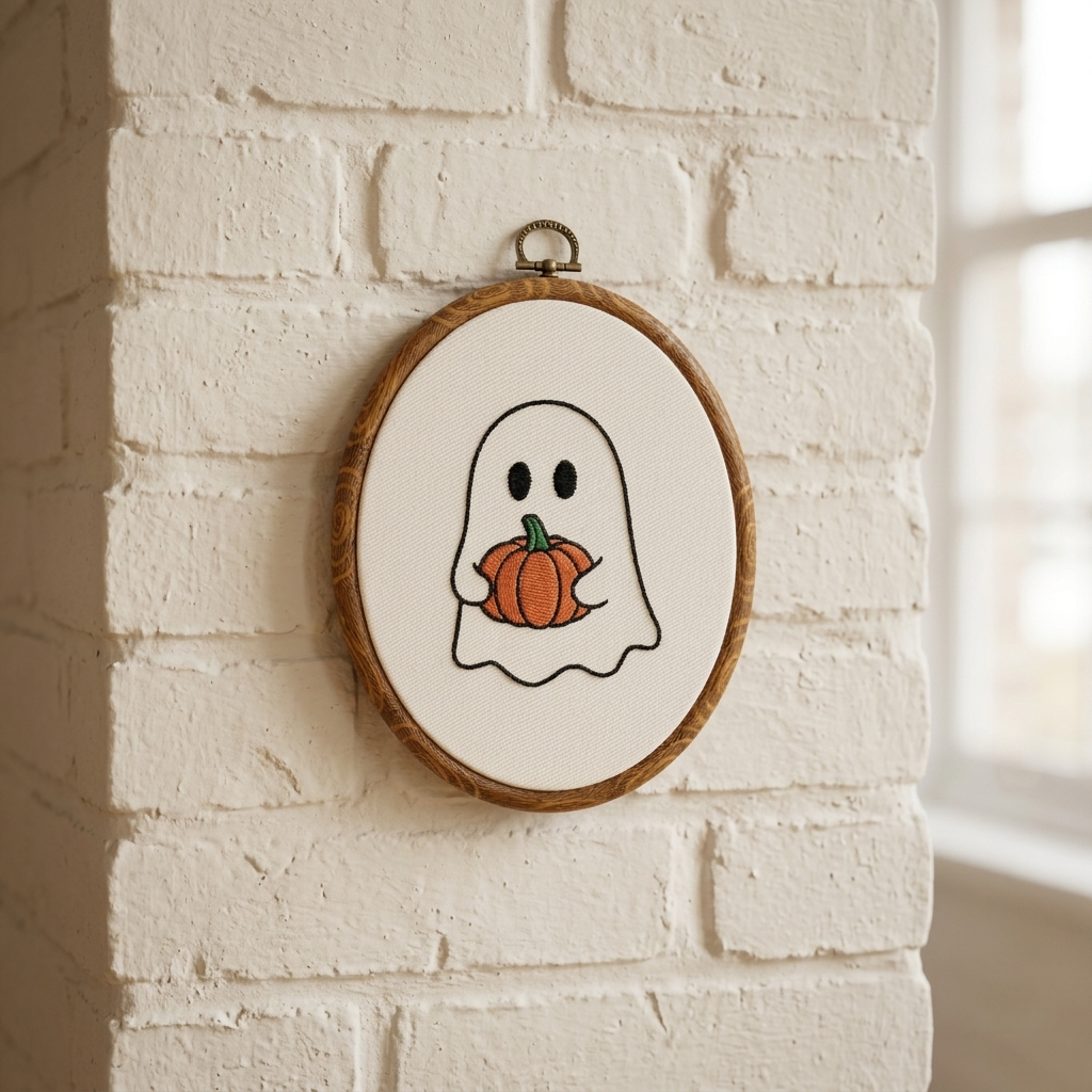 Ghost Holding Pumpkin Embroidery Hoop | Halloween Wall Decor