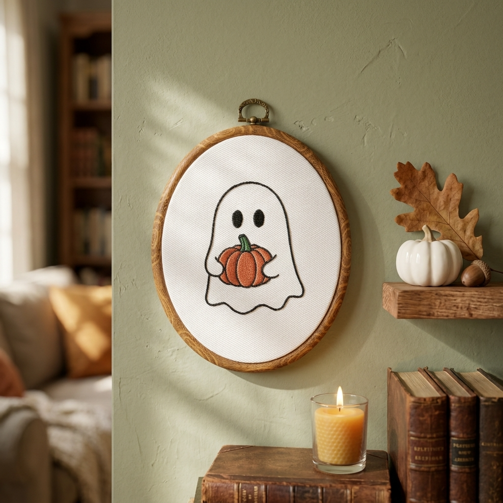 Ghost Holding Pumpkin Embroidery Hoop | Halloween Wall Decor