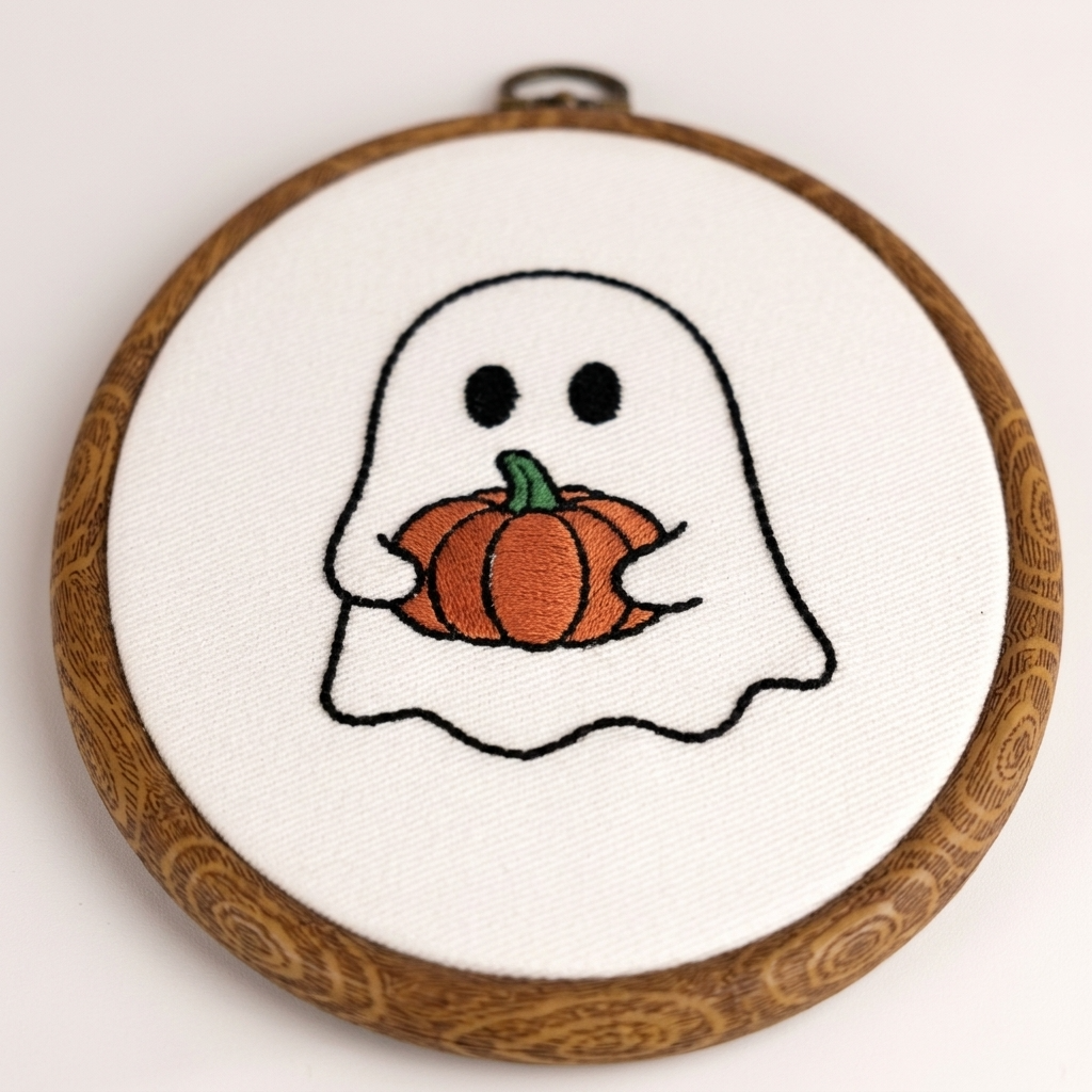 Ghost Holding Pumpkin Embroidery Hoop | Halloween Wall Decor