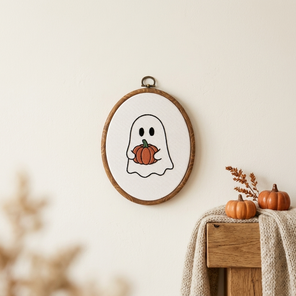 Ghost Holding Pumpkin Embroidery Hoop | Halloween Wall Decor