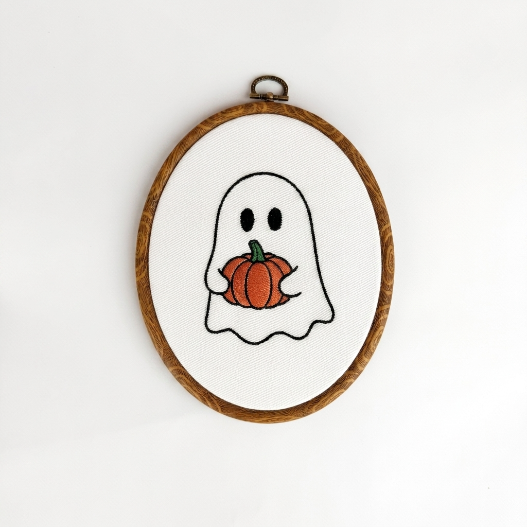 Ghost Holding Pumpkin Embroidery Hoop | Halloween Wall Decor