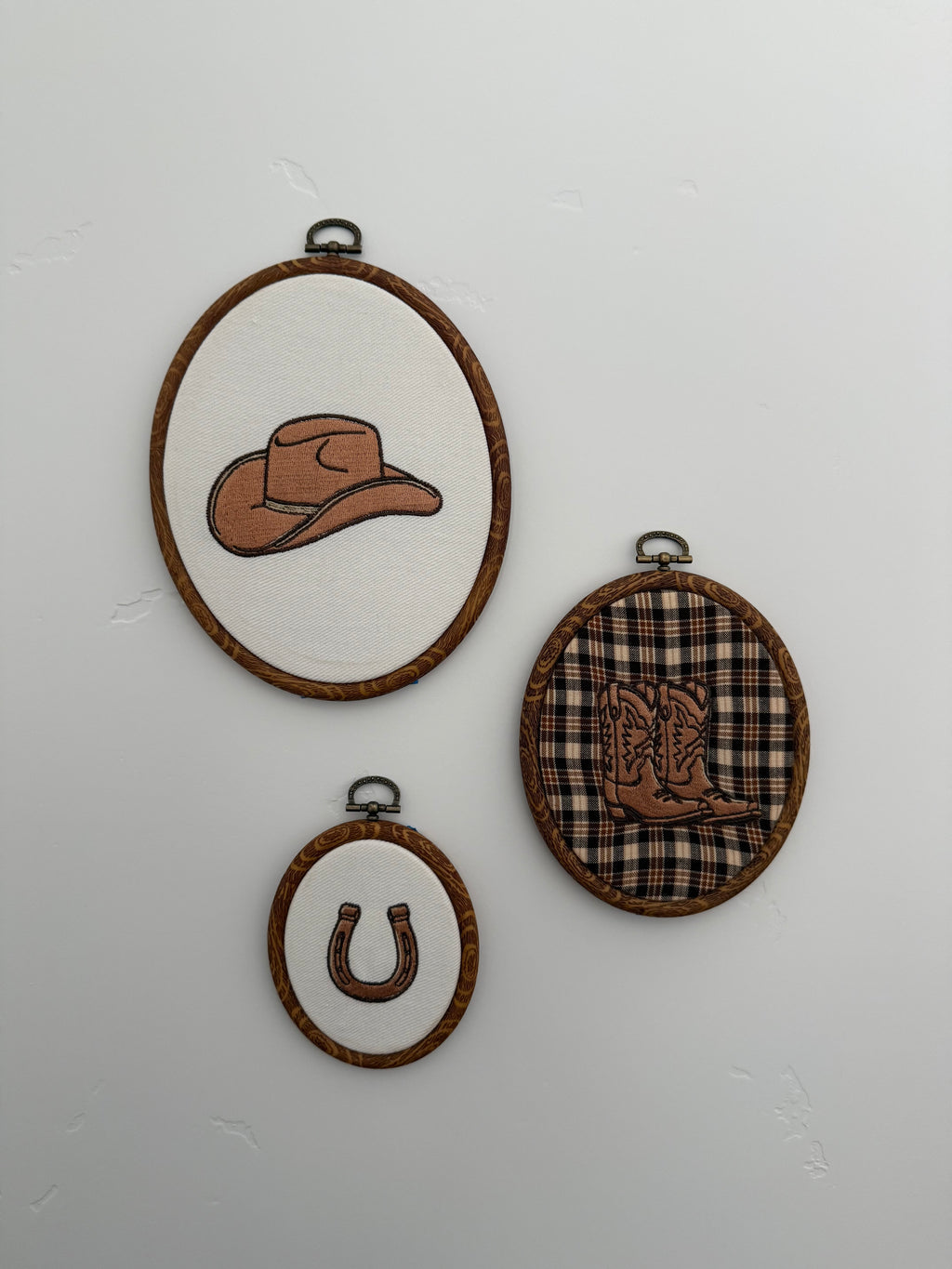 Western Nursery Wall Decor- 3 Piece Set – Embroidered Cowboy Hat, Boots & Horseshoe Hoop Art for Baby & Kids Bedroom