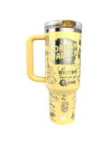 Yellow 40 oz Stanley tumbler engraved with Morgan Wallen Houston Night 1 setlist songs