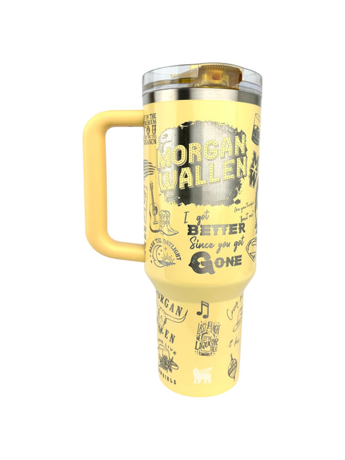 Yellow 40 oz Stanley tumbler engraved with Morgan Wallen Houston Night 1 setlist songs