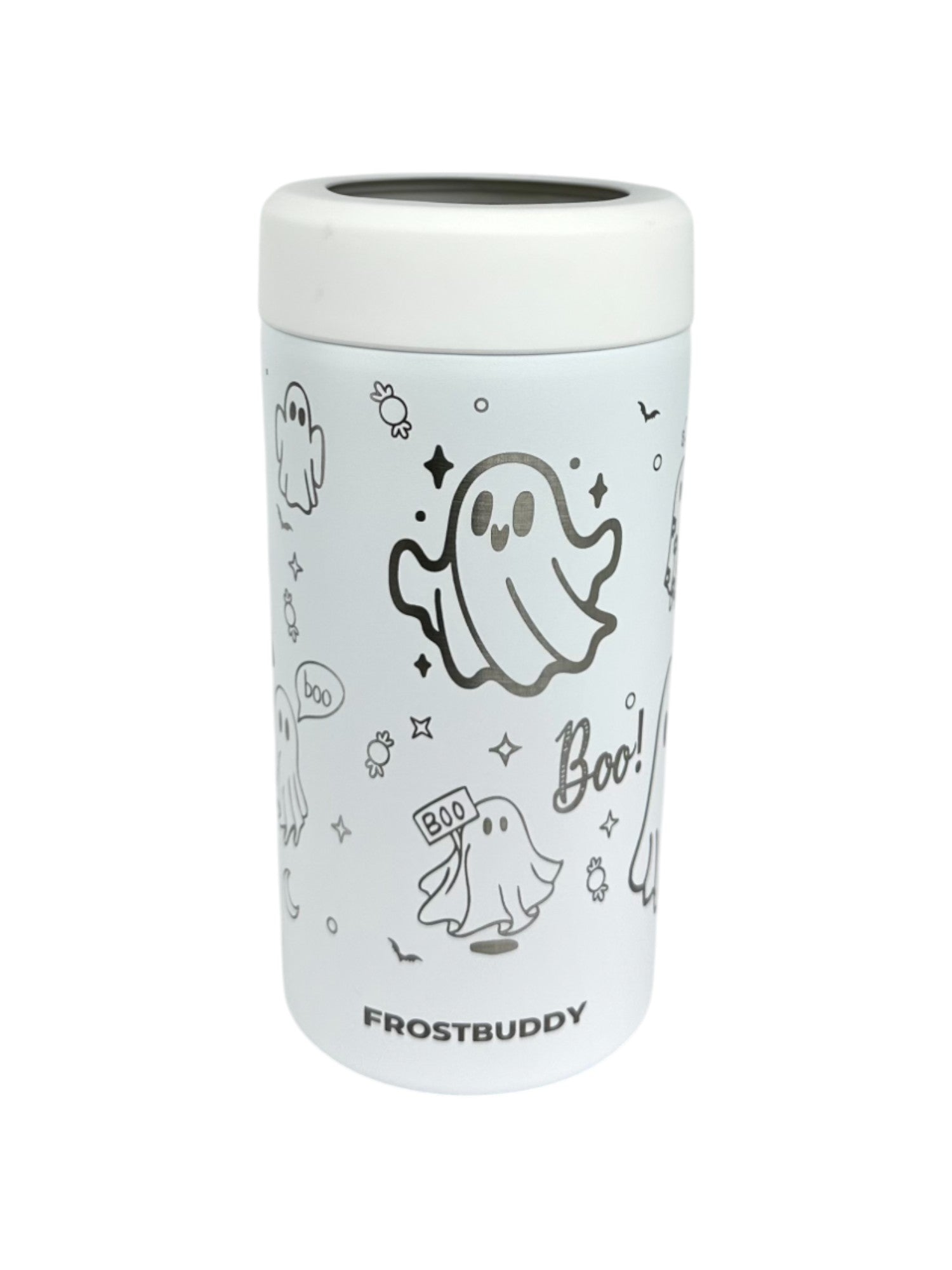 Ghost Frost Buddy™ Universal Can Cooler – Engraved Spooky Halloween Design | Fits All Cans & Bottles