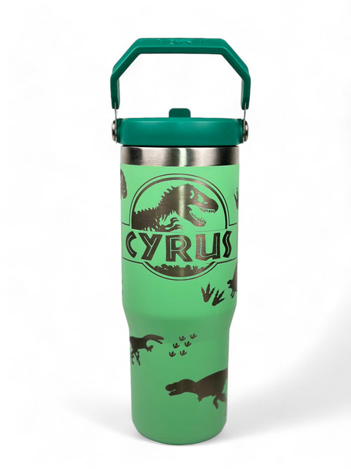 Dinosaur Custom Engraved Stanley 30 Oz. IceFlow Tumbler with Flip Straw Personalized Tumbler Jurassic Park Laser Engraved