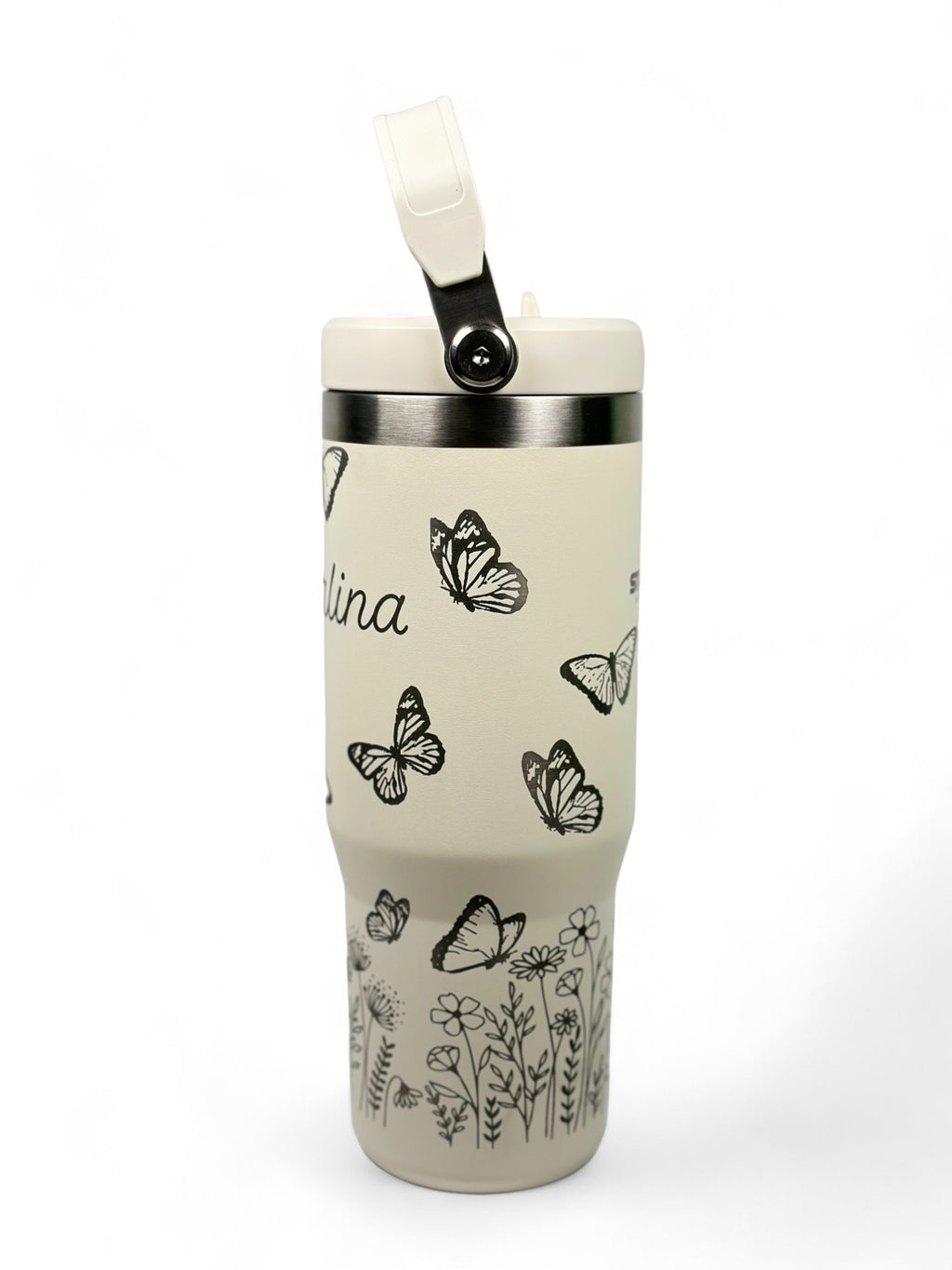 Butterfly and Flower Custom Engraved Stanley 30 Oz. IceFlow Tumbler with Flip Straw