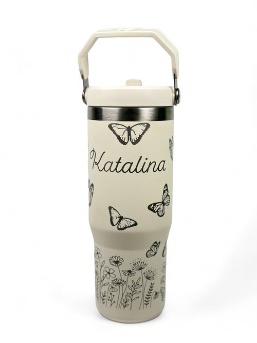 Butterfly and Flower Custom Engraved Stanley 30 Oz. IceFlow Tumbler with Flip Straw