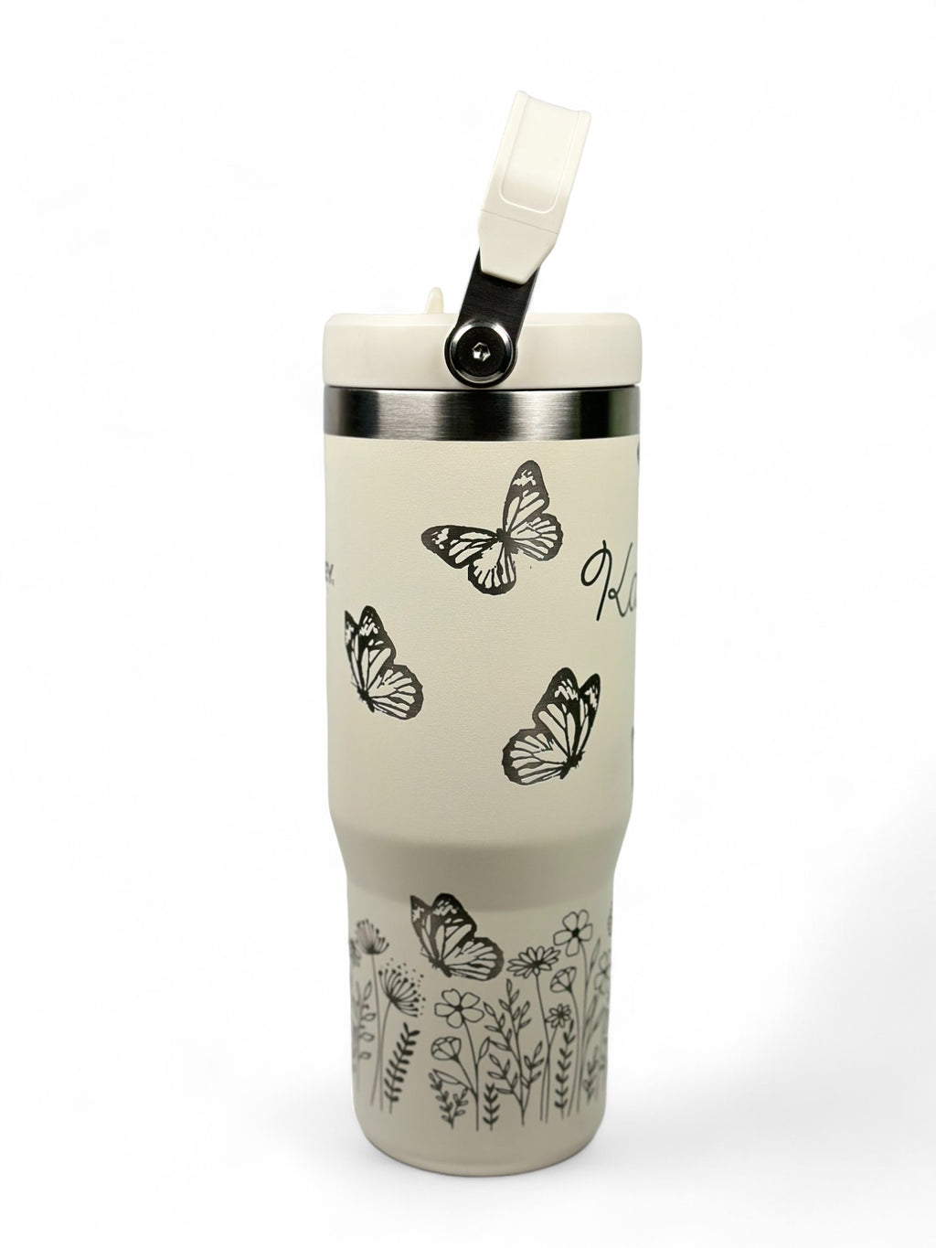 Butterfly and Flower Custom Engraved Stanley 30 Oz. IceFlow Tumbler with Flip Straw