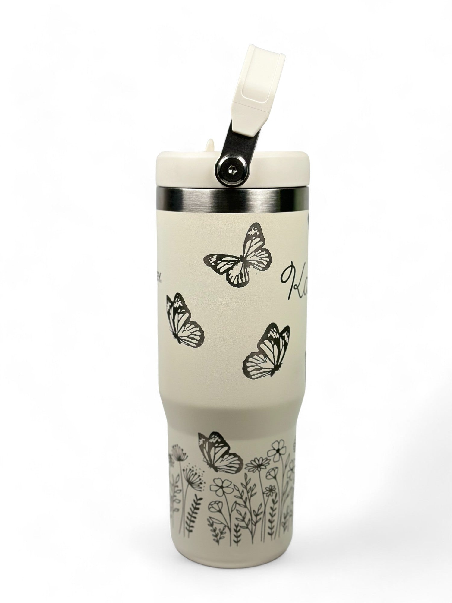 Butterfly and Flower Custom Engraved Stanley 30 Oz. IceFlow Tumbler with Flip Straw