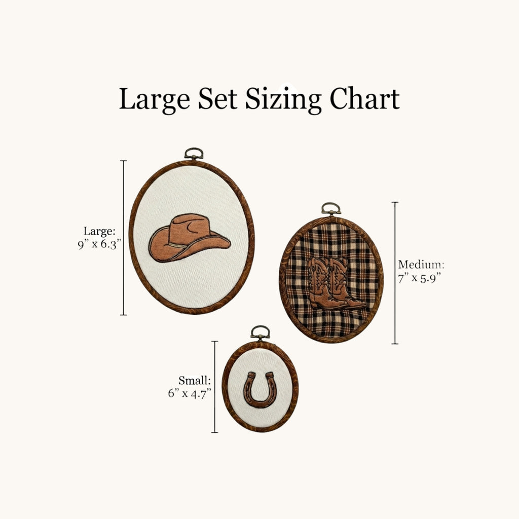 Western Nursery Wall Decor- 3 Piece Set – Embroidered Cowboy Hat, Boots & Horseshoe Hoop Art for Baby & Kids Bedroom