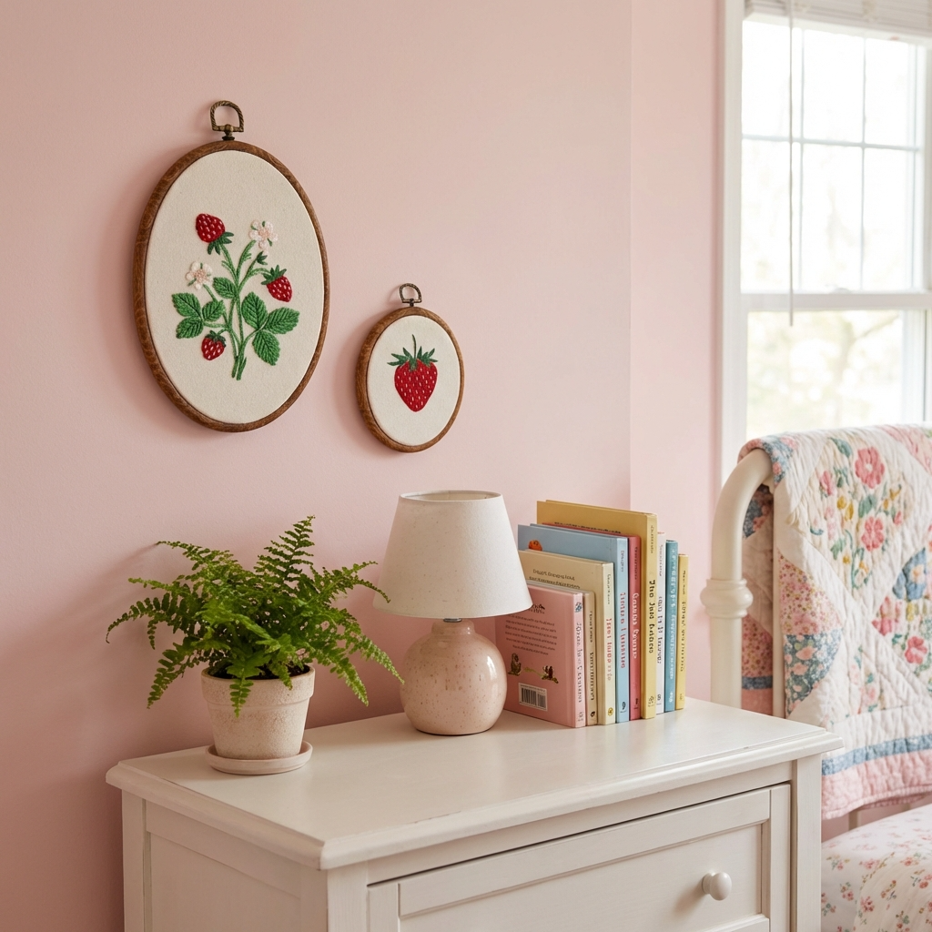 Strawberry Embroidery Hoop Wall Art Set | Cottagecore Strawberry Decor | Handcrafted Embroidered Strawberry Plant | Nursery Wall Decor