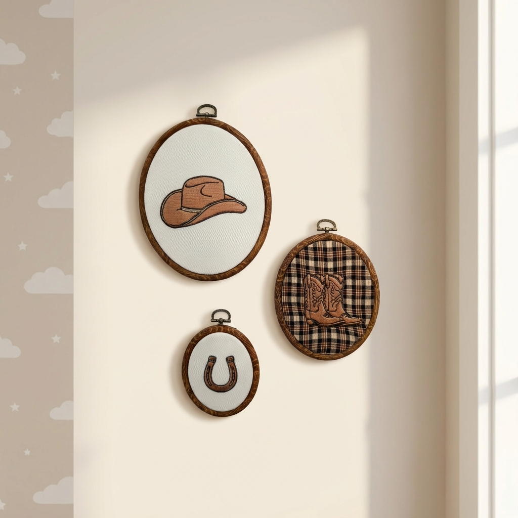 Western Nursery Wall Decor- 3 Piece Set – Embroidered Cowboy Hat, Boots & Horseshoe Hoop Art for Baby & Kids Bedroom
