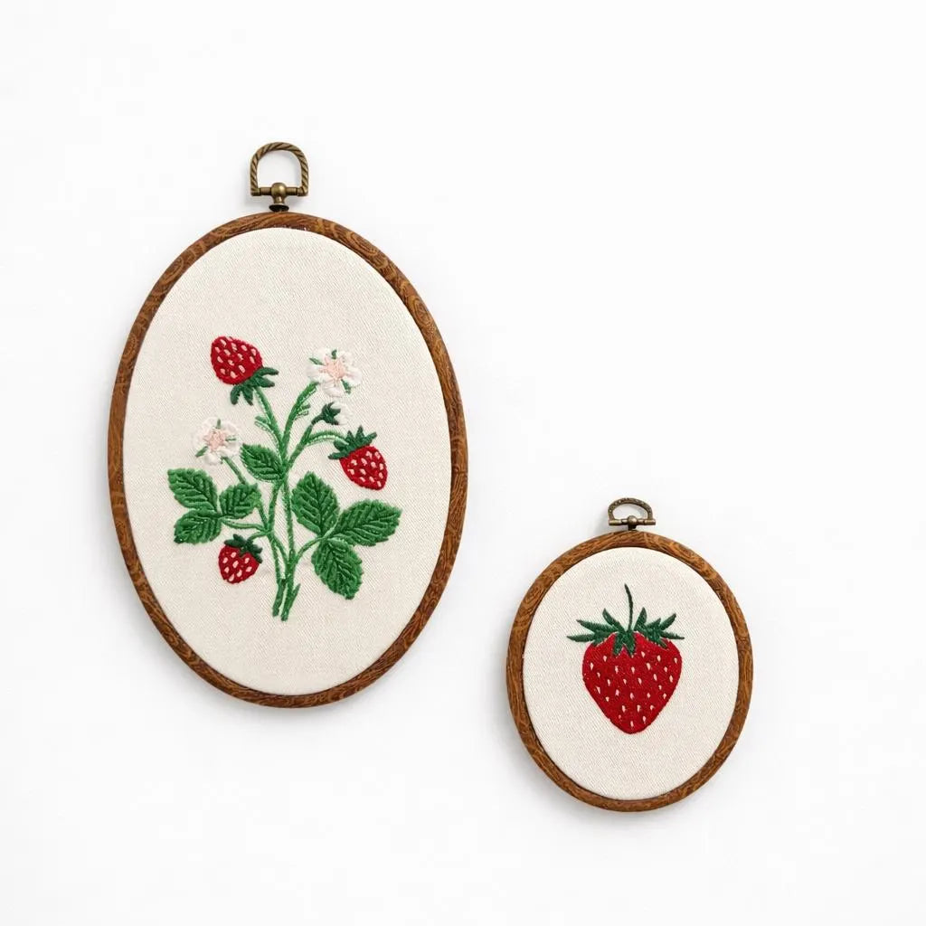 Strawberry Embroidery Hoop Wall Art Set | Cottagecore Strawberry Decor | Handcrafted Embroidered Strawberry Plant | Nursery Wall Decor