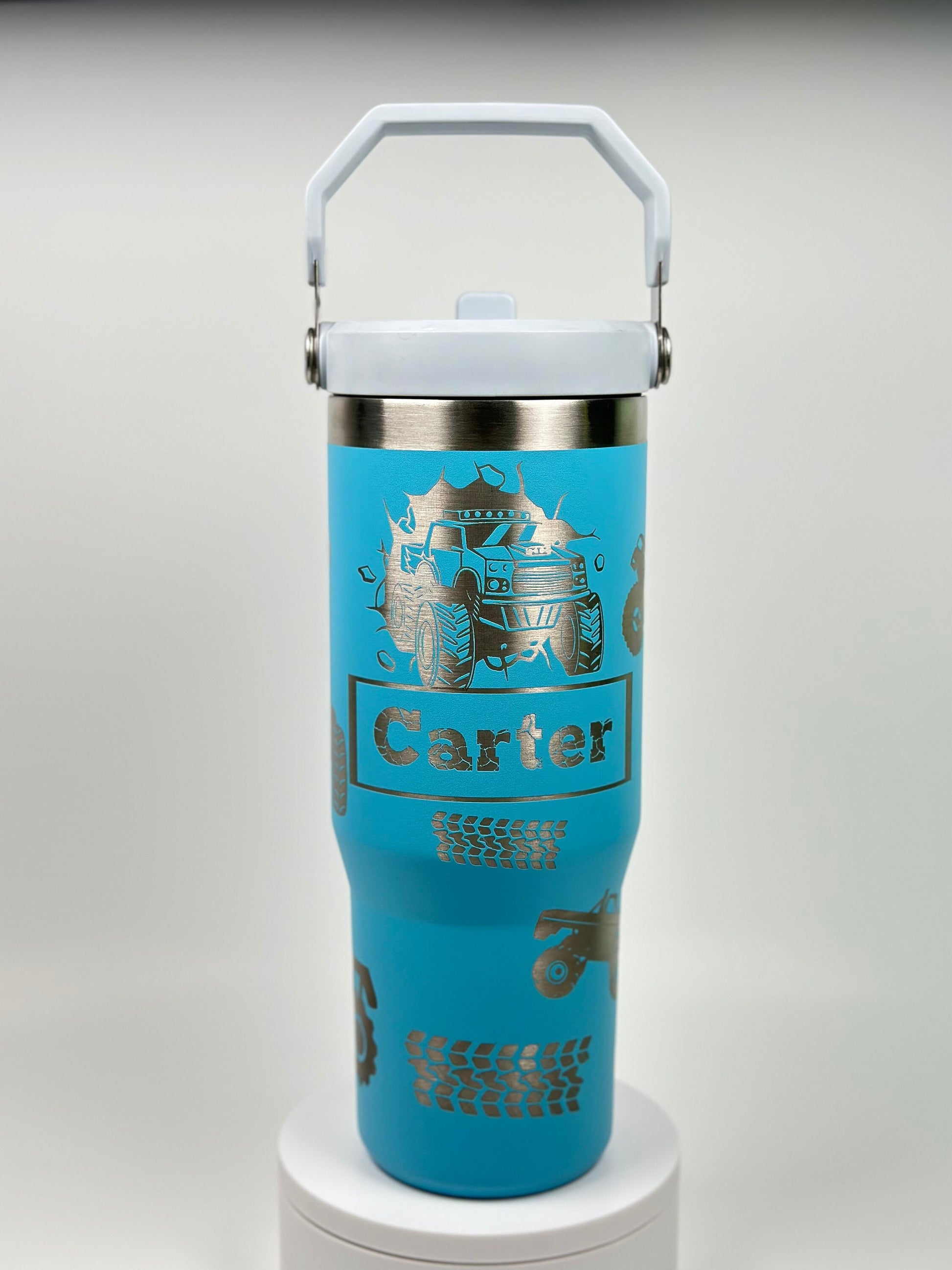 Monster Truck Custom Engraved Stanley 30 Oz. IceFlow Tumbler with Flip Straw Personalized Tumbler Laser Engraved water bottle for kid