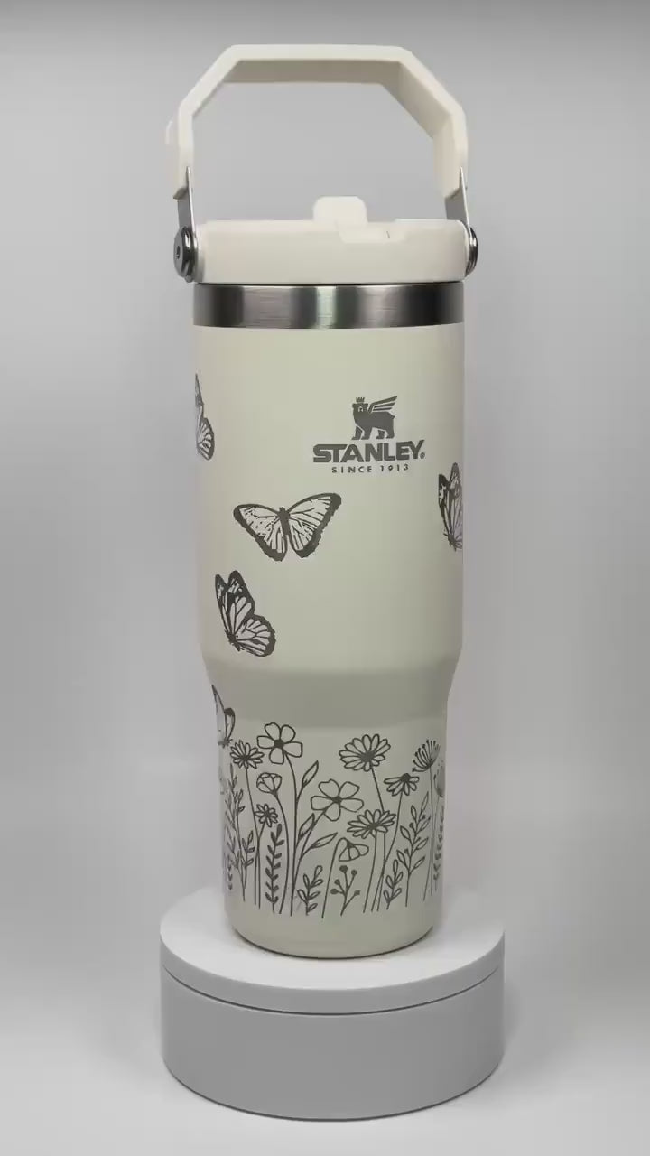 Butterfly and Flower Custom Engraved Stanley 30 Oz. IceFlow Tumbler with Flip Straw Personalized Tumbler Laser Engraved water bottle for kid