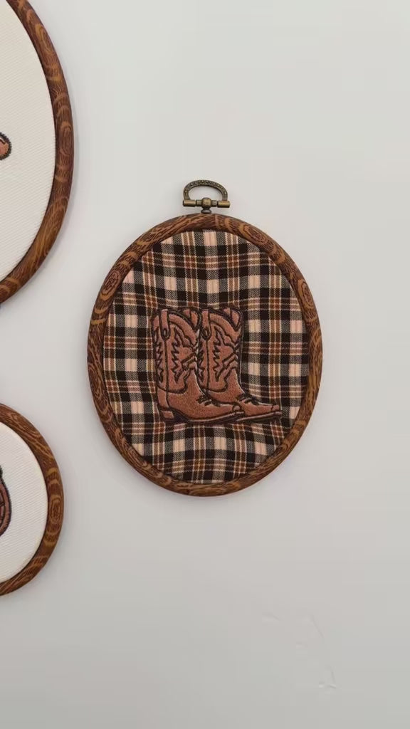 Western Nursery Wall Decor- 3 Piece Set – Embroidered Cowboy Hat, Boots & Horseshoe Hoop Art for Baby & Kids Bedroom